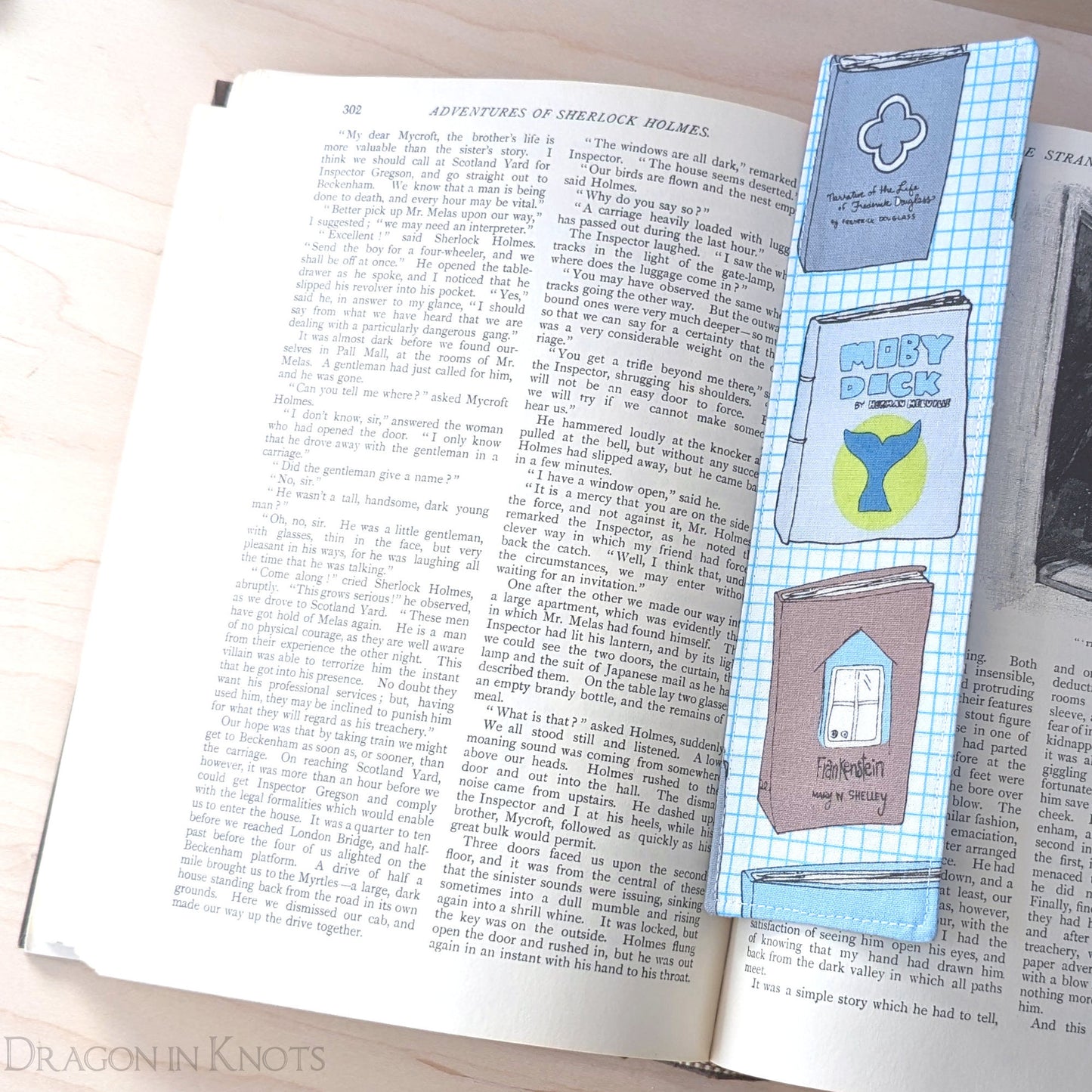 Classics Fabric Bookmark - Emma, Frederick Douglass, Moby Dick, Frankenstein - Dragon in Knots