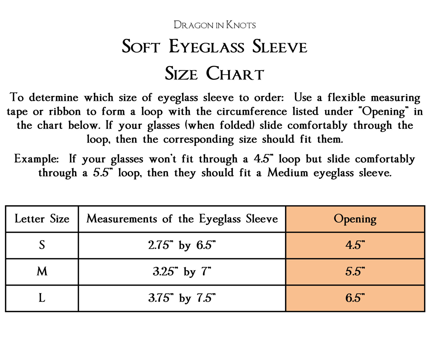 soft eyeglass case size chart S M L