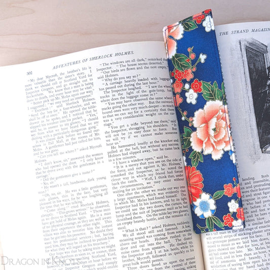 Blue Floral Fabric Bookmark - Dragon in Knots
