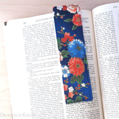 Blue Floral Fabric Bookmark - Dragon in Knots