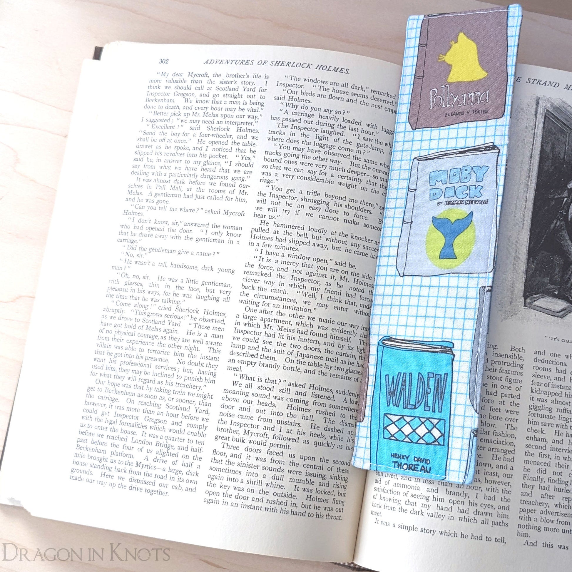 Classics Fabric Bookmark - Pollyanna, Moby Dick, Walden, Anne of Green Gables - Dragon in Knots