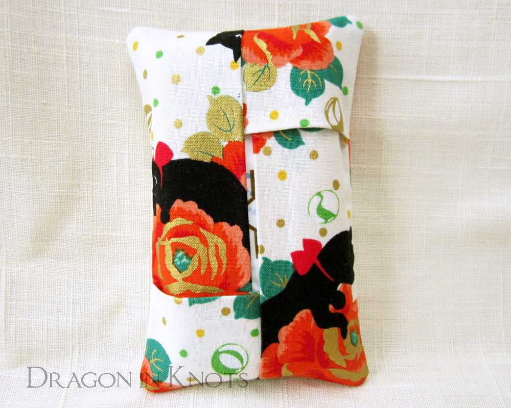 Cats and Roses Pocket Tissue Holder - Dragon in Knots, handmade in USA