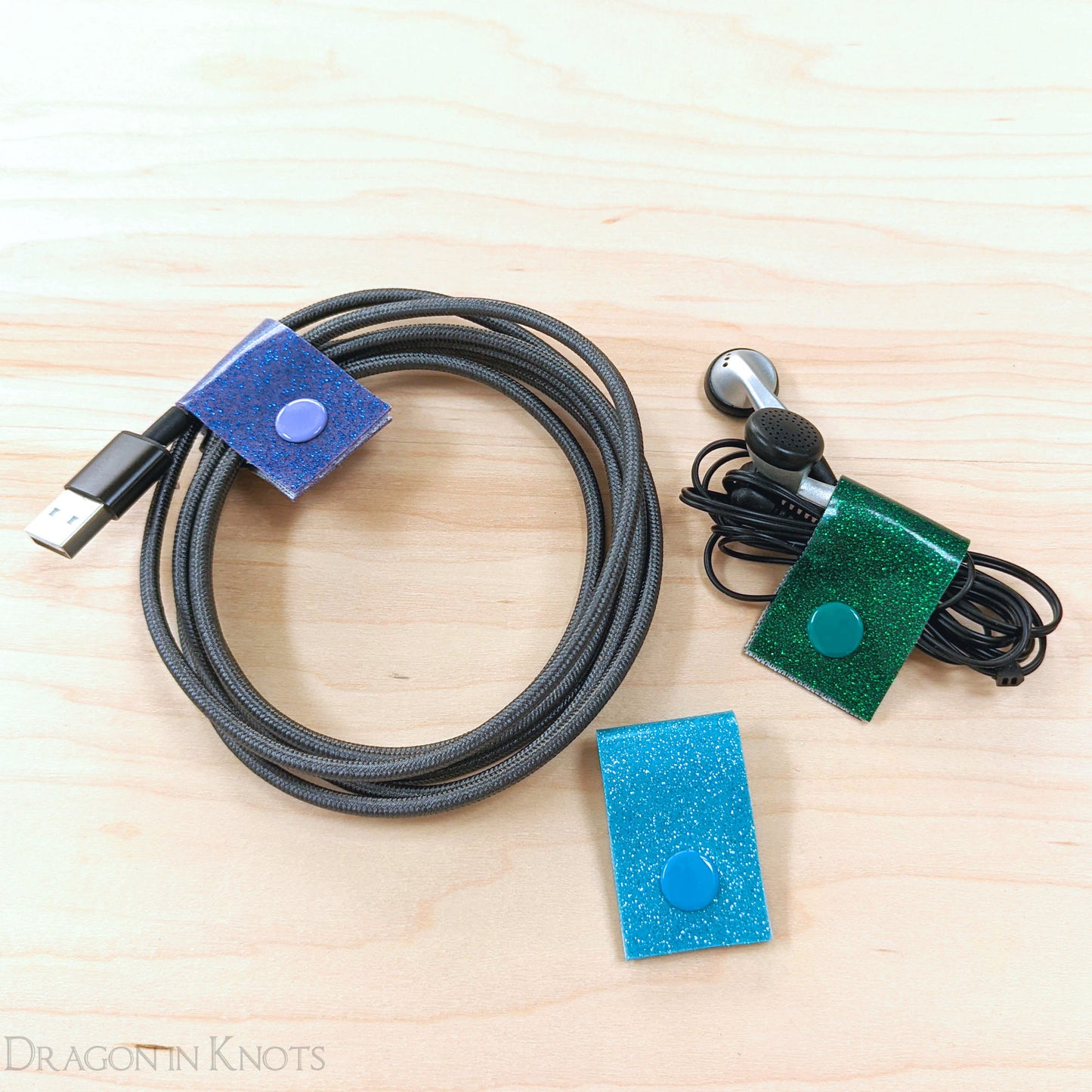 Cord Clips - Blue, Violet, and Green Glitter - Dragon in Knots