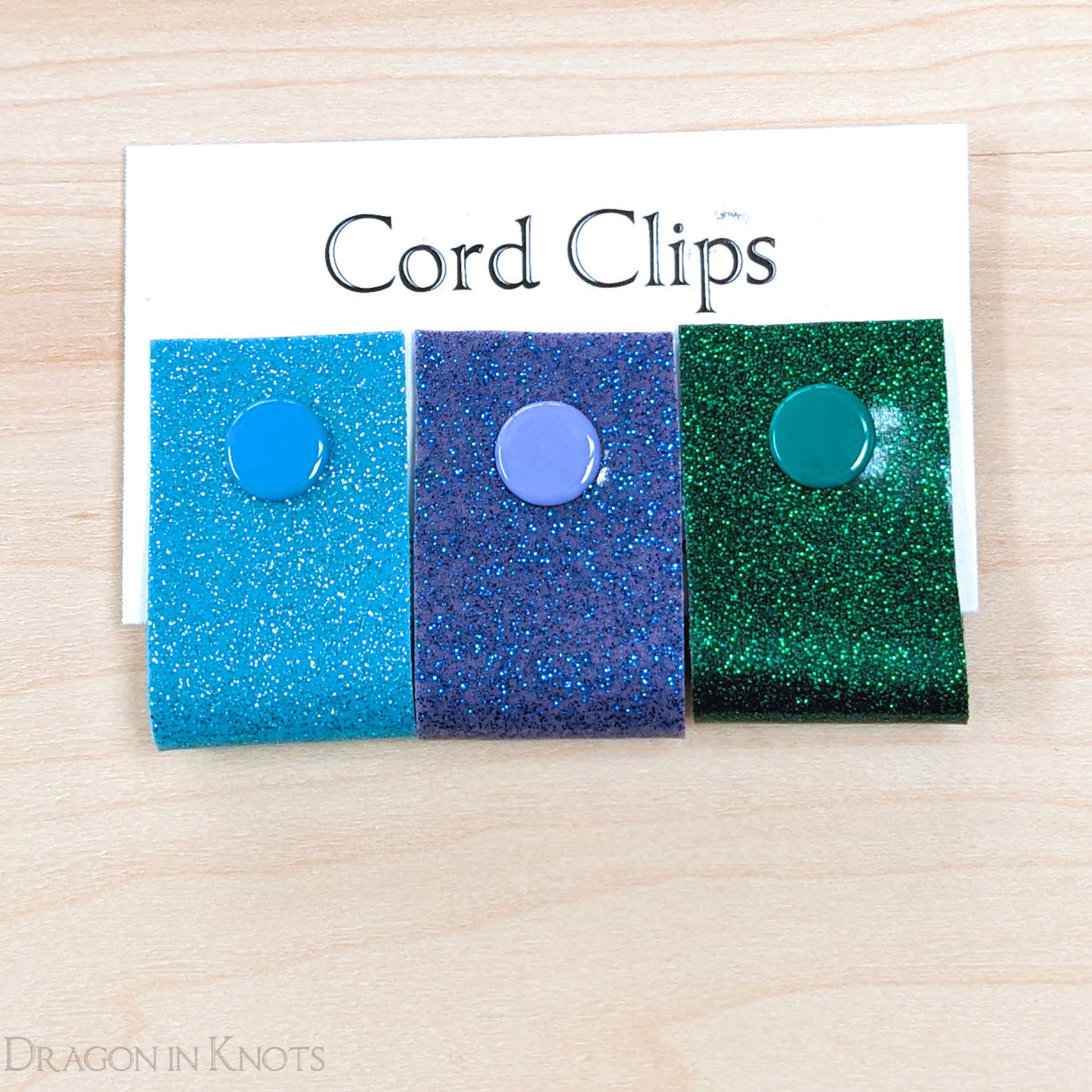 Cord Clips - Blue, Violet, and Green Glitter - Dragon in Knots