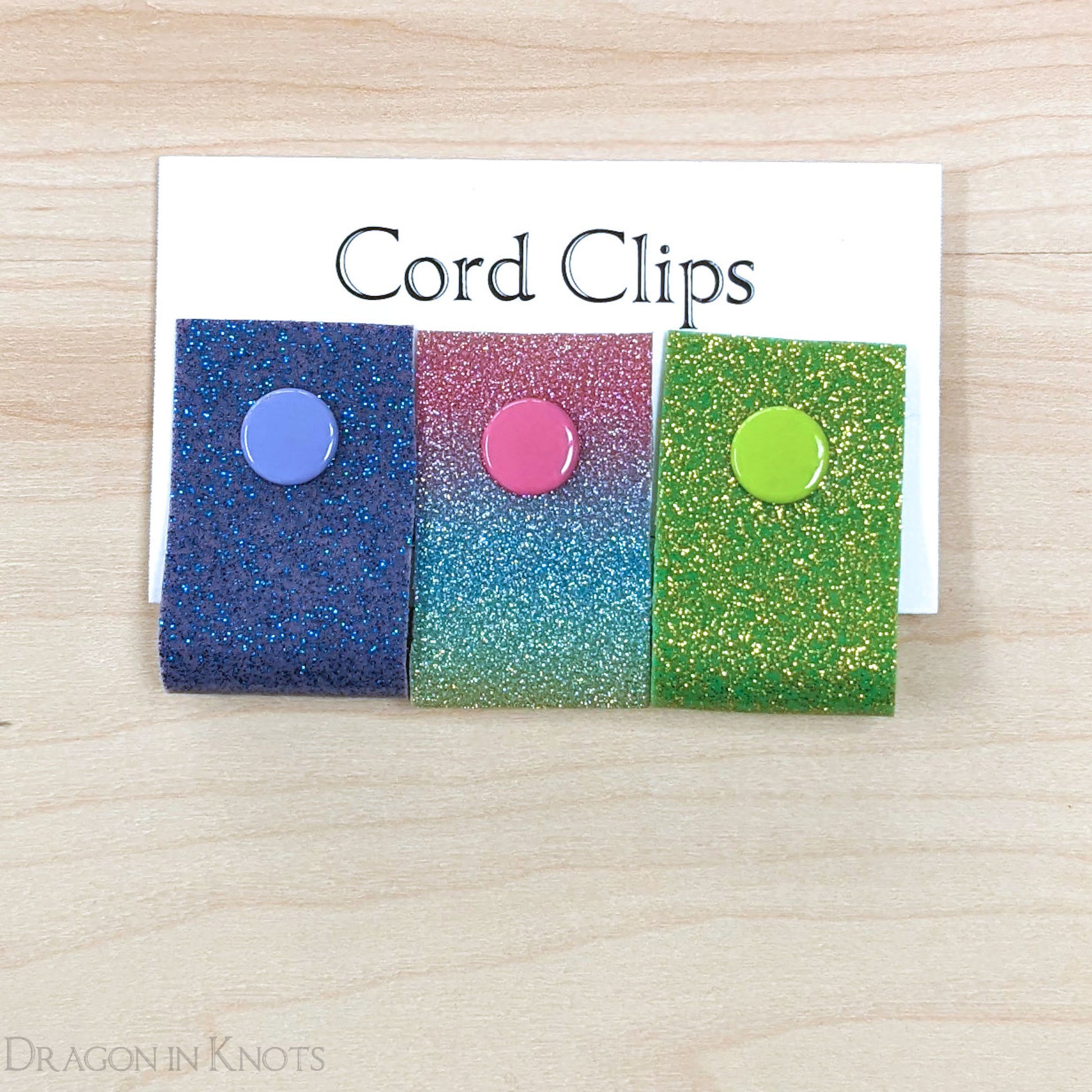 Glitter Cord Clips - Rainbow, Green, Purple - Dragon in Knots