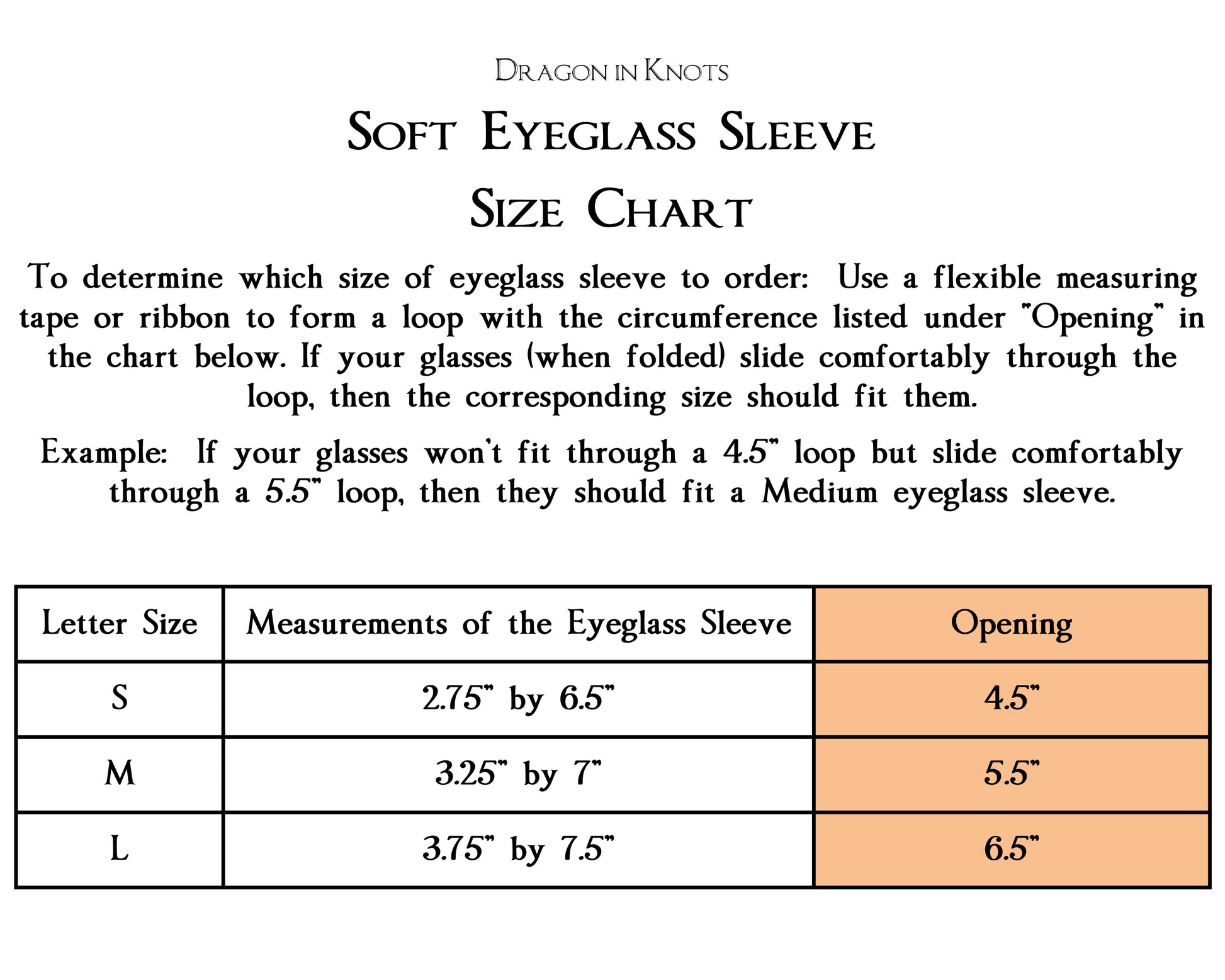 soft eyeglass case size chart S M L