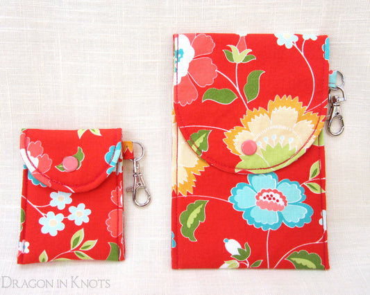 Red Floral Dual Pocket Pouch with Mini Essentials Pouch - Dragon in Knots, handmade in USA