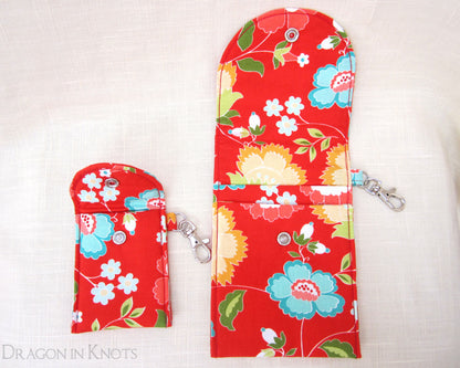 Red Floral Dual Pocket Pouch with Mini Essentials Pouch - Dragon in Knots, handmade in USA